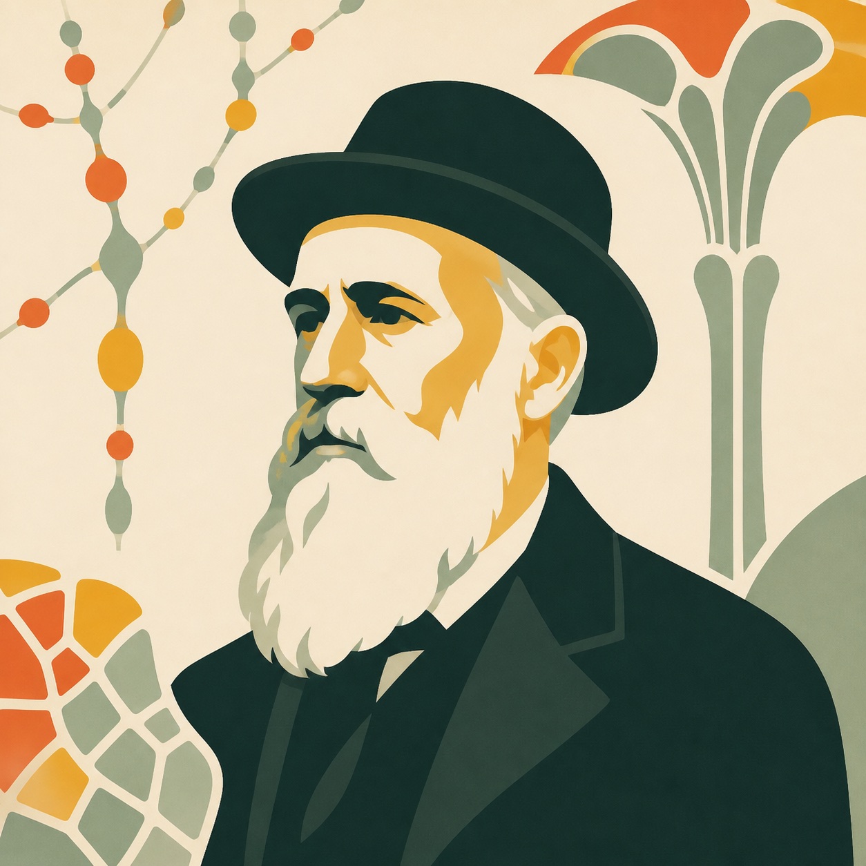 Modern editorial portrait of Antoni Gaudí