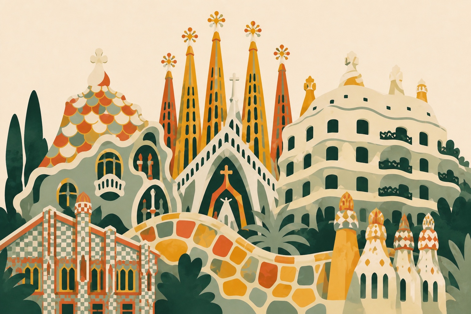 VisitGaudí illustration bringing together Sagrada Família, Park Güell, Casa Batlló, Casa Milà, Casa Vicens and Palau Güell