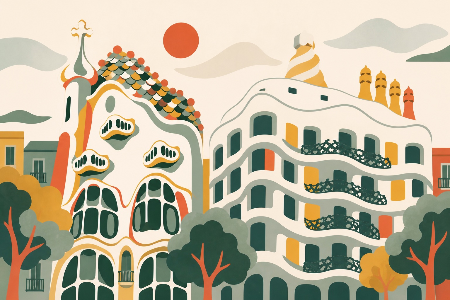 VisitGaudí illustration of colourful Casa Batlló beside the undulating stone façade of La Pedrera