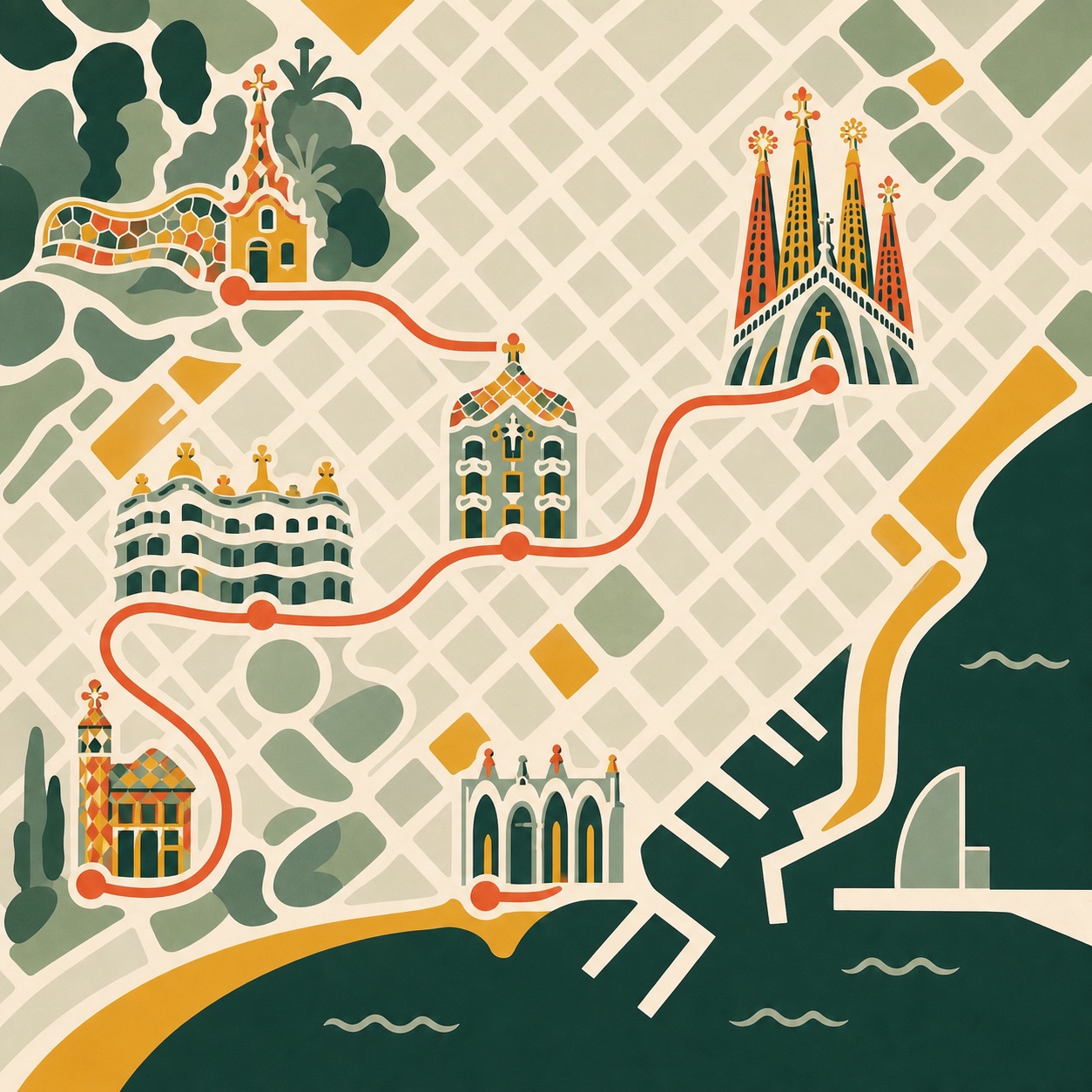 Illustrated Barcelona map connecting six Gaudí landmarks