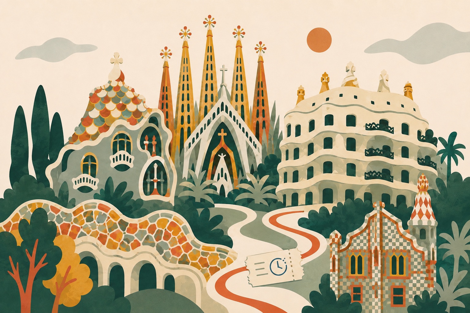 VisitGaudí illustration of Sagrada Família, Park Güell, Casa Batlló, Casa Milà and a subtle timed-ticket route