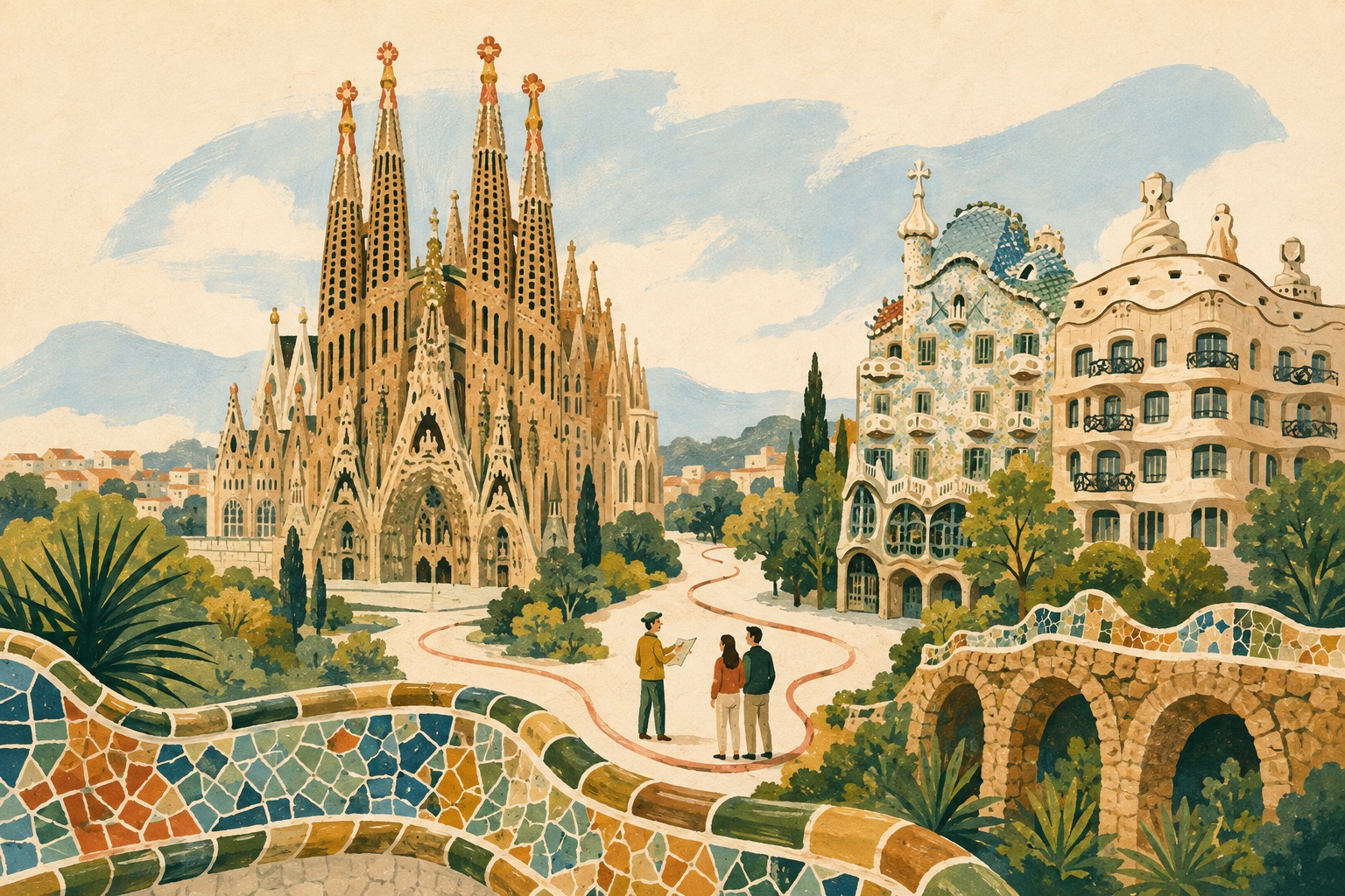 Editorial illustration of a guide and two visitors following a route between Sagrada Família, Park Güell, Casa Batlló and Casa Milà