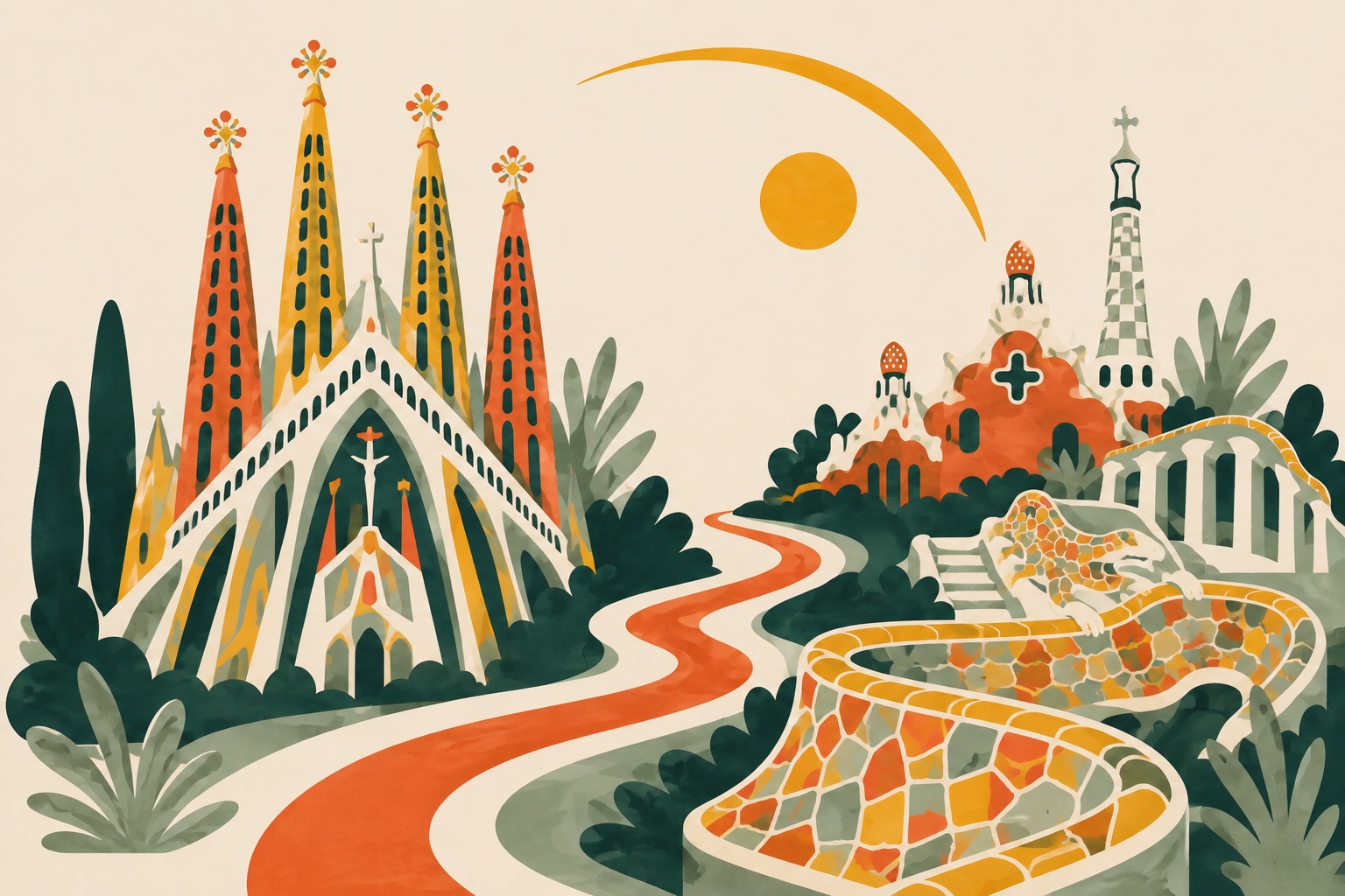 VisitGaudí illustration connecting Sagrada Família with Park Güell across one Barcelona day