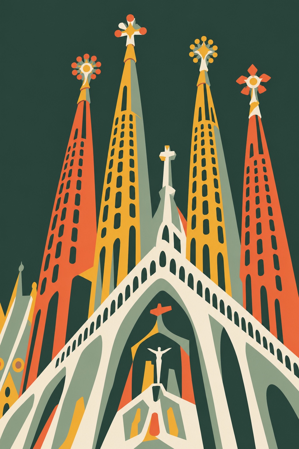 Modern editorial illustration of Sagrada Família