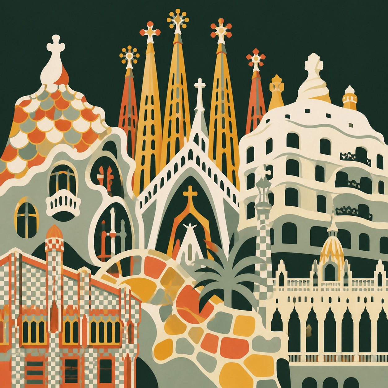 Editorial collage of Gaudí buildings across Barcelona